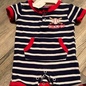 Sweet & Soft Navy Striped Baby Romper with Red Trim
